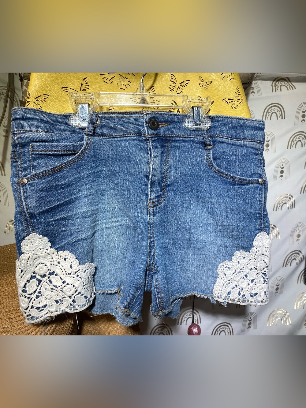 Epic Threads Blue Denim Shorts with White Crochet Trim